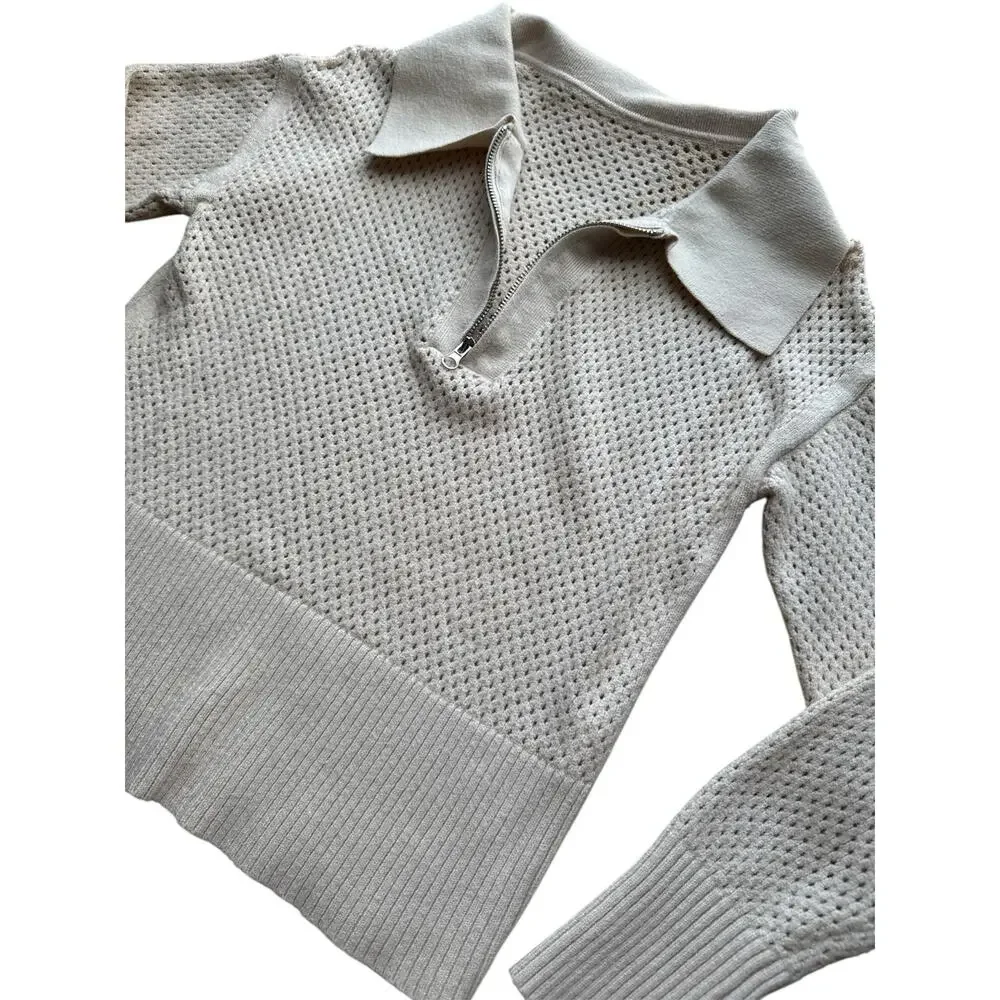 Women's Small Half‎ Zip Pullover Sweater Crochet Lapel Collar Long Sleeve Beige